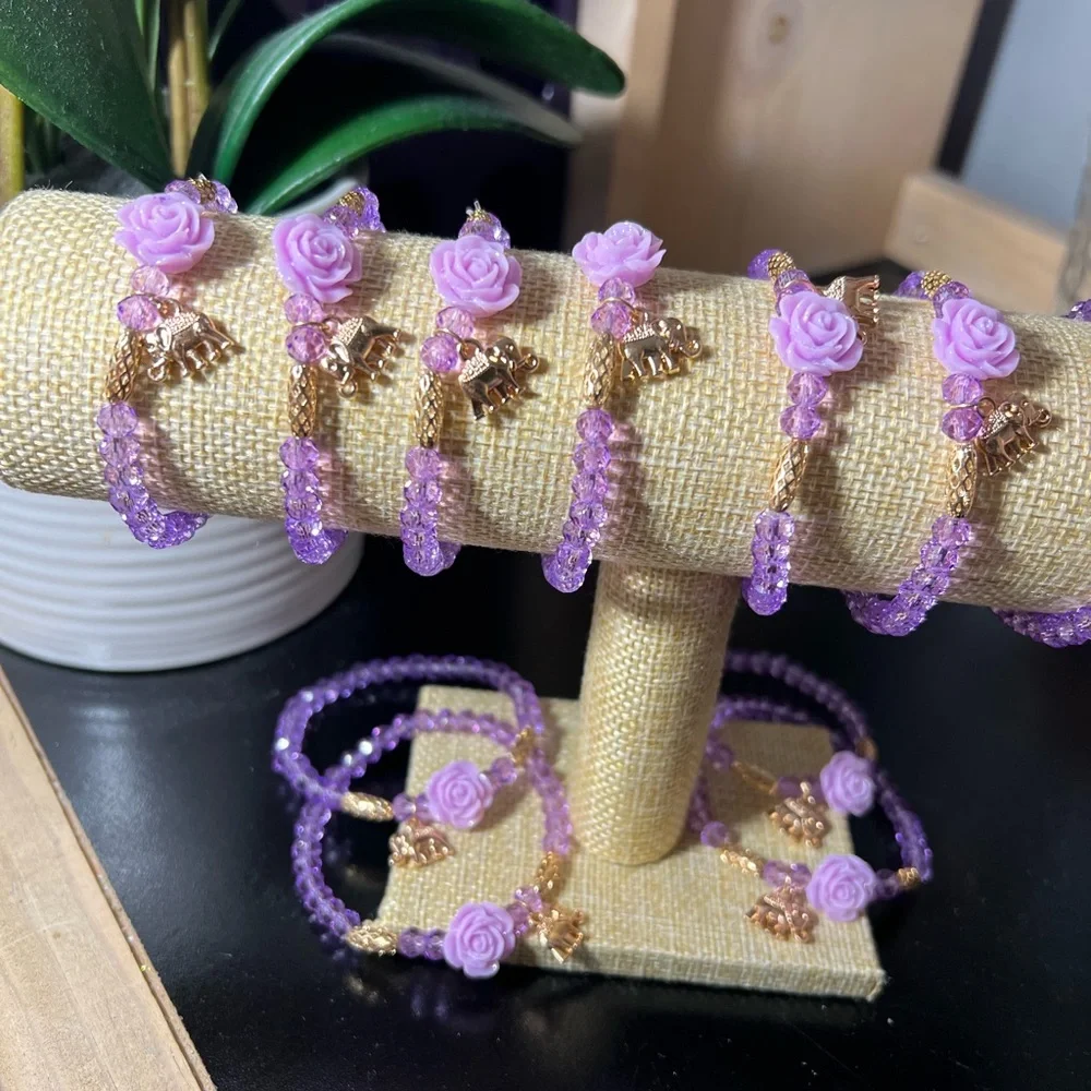 LOT of 10 New Purple Rose and Gold Elephant Stretch Bracelets FREE SHIPPING - Picture 1 of 4